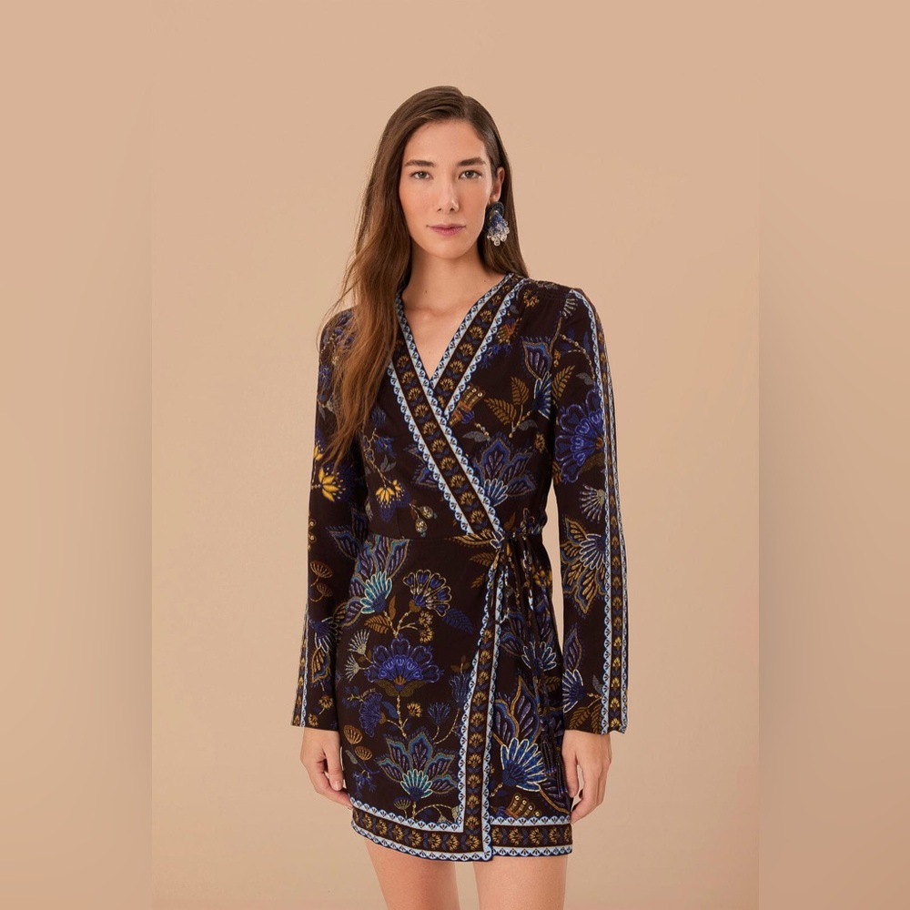 NWT Farm Rio Brown Embroidered Garden Lenzing™ Ecovero Viscose Wrap Mini Dress S